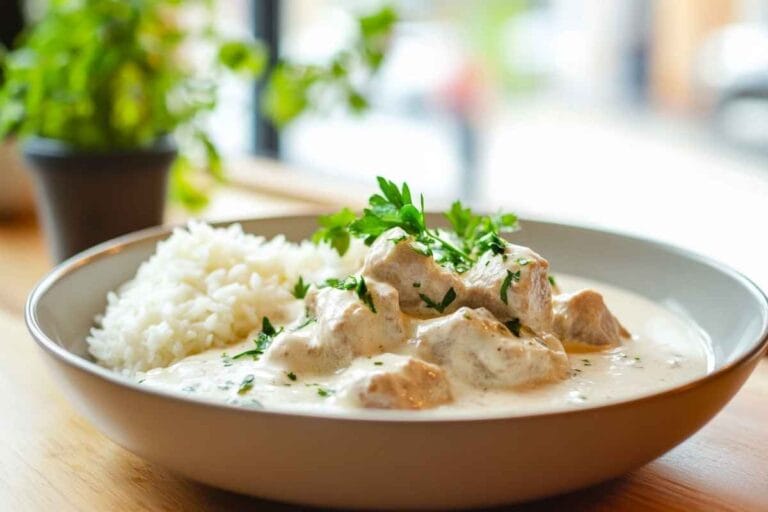 Blanquette de veau crémeuse accompagnée de riz basmati, garnie de persil frais, servie dans une assiette moderne.