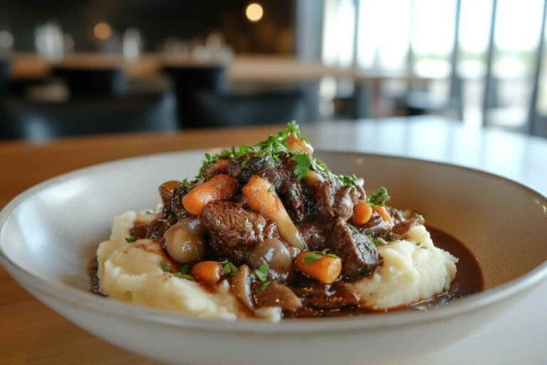 Plat de Bœuf Bourguignon servi sur une purée de pommes de terre crémeuse, garni de carottes, champignons et persil frais, dans une assiette moderne.