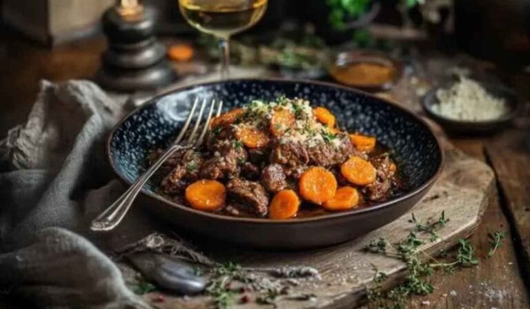 Plat de Boeuf aux Carottes servi dans un bol en céramique noire, avec des morceaux de boeuf mijotés et des carottes, entouré d'herbes fraîches, avec un verre de vin blanc à côté, dans une ambiance chaleureuse