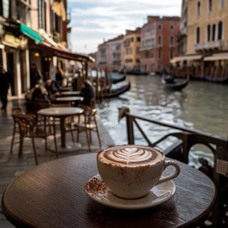 Cappuccino à l'italienne servi sur une table en bois en bord de canal à Venise, avec un motif de mousse en forme de cœur et des gondoles visibles en arrière-plan