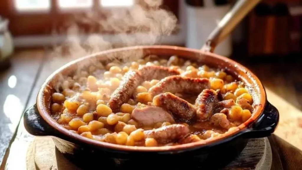 Cassoulet Castelnaudary avec saucisses dorées, confit de canard et haricots blancs, fumant dans un plat traditionnel.