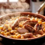Cassoulet Castelnaudary avec saucisses dorées, confit de canard et haricots blancs, fumant dans un plat traditionnel.