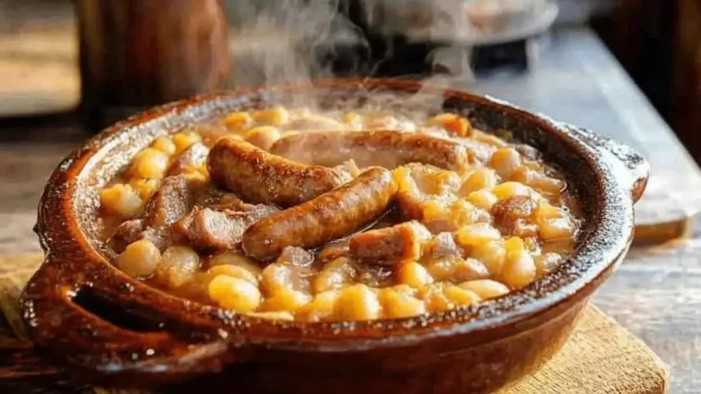 Cassoulet de Castelnaudary avec saucisses, confit de canard et haricots blancs, servi dans un plat traditionnel.