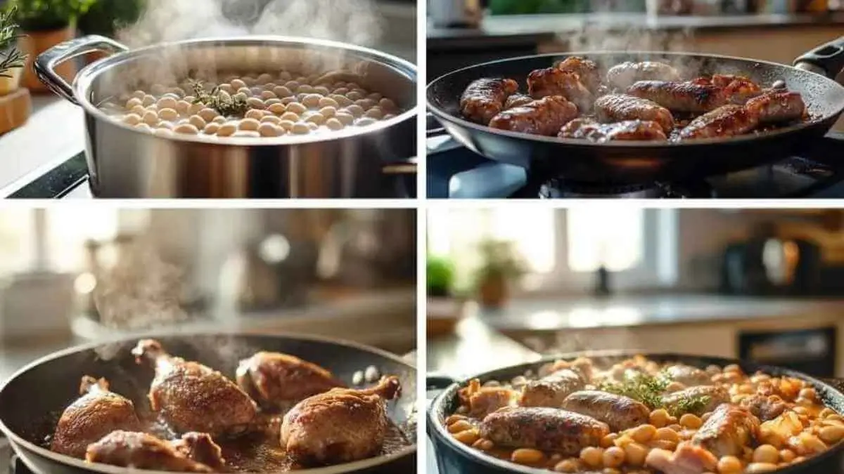 Étapes de préparation du cassoulet de Castelnaudary : cuisson des haricots blancs, saisie des saucisses et cuisses de canard, et assemblage des ingrédients dans une cocotte.
