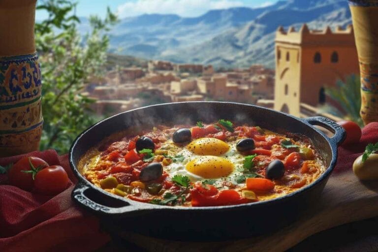 Chakchouka dans une poêle en fonte avec des œufs, des tomates, des poivrons et des olives noires, servie avec un fond de paysage marocain traditionnel