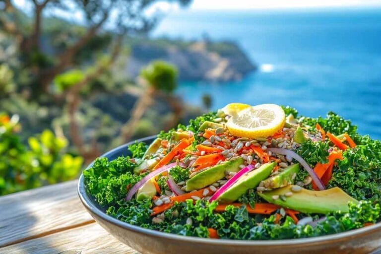 Salade de chou kale, avocat, carottes râpées, oignons rouges et graines de tournesol, avec une tranche de citron, avec un fond de mer Méditerranéenne