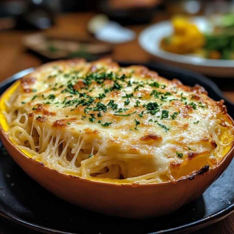 Courge spaghetti gratinée avec fromage fondant et persil frais, servie dans la peau de la courge