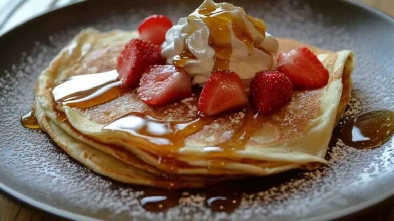 Crêpes légères pliées garnies de fraises fraîches, chantilly et nappées de sirop d'érable, servies sur une assiette sombre avec une touche de sucre glace.