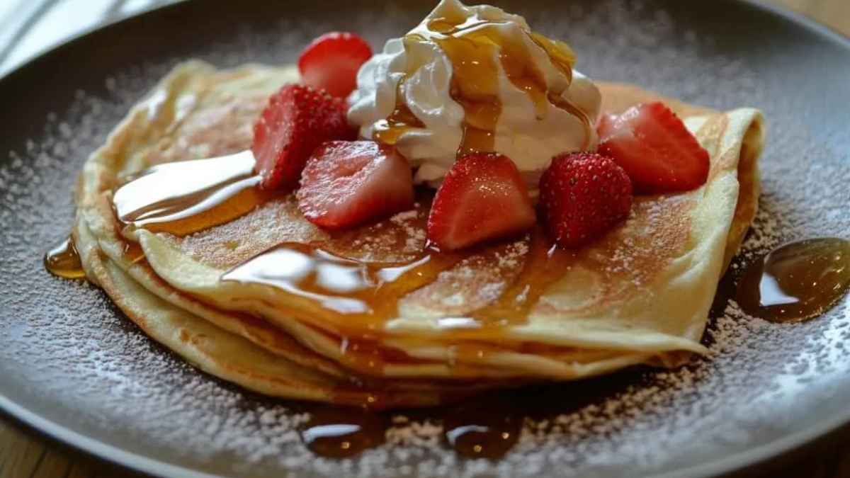 Crêpes légères pliées garnies de fraises fraîches, chantilly et nappées de sirop d'érable, servies sur une assiette sombre avec une touche de sucre glace.