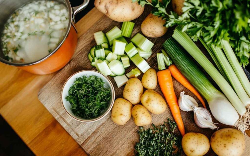 Ingrédients frais pour une soupe aux légumes sur une planche en bois : pommes de terre, carottes, céleri, poireaux, ail, herbes fraîches, avec une casserole de bouillon en arrière-plan.