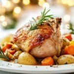 Cuisse de pintade rôtie servie avec des légumes de saison, notamment des pommes de terre et des carottes, garnie de romarin frais, dans un cadre élégant avec une ambiance chaleureuse.