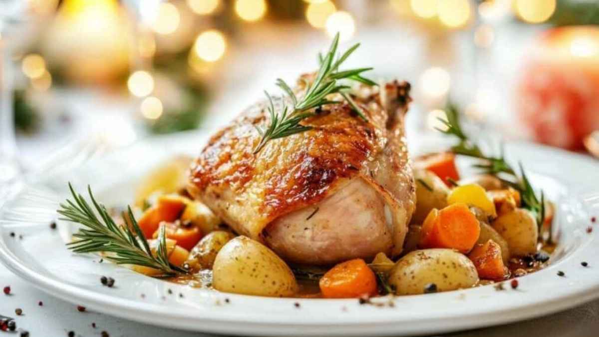 Cuisse de pintade rôtie servie avec des légumes de saison, notamment des pommes de terre et des carottes, garnie de romarin frais, dans un cadre élégant avec une ambiance chaleureuse.