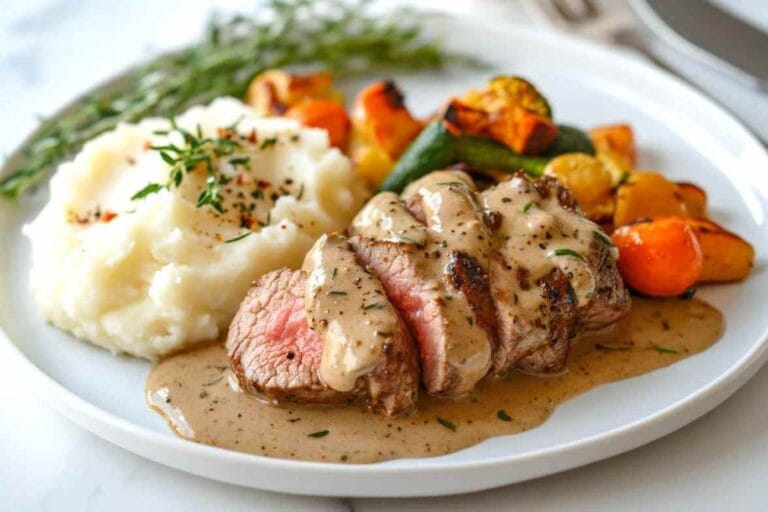 Filet mignon de porc tranché, accompagné de légumes grillés, purée de pommes de terre crémeuse et sauce onctueuse.