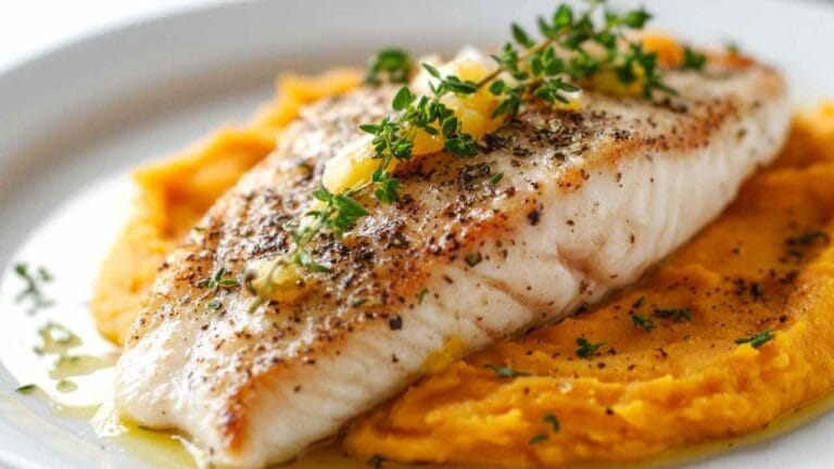 Filet de lotte doré sur purée de patates douces, garni de thym frais et zestes de citron.