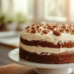 Gâteau aux carottes avec glaçage au fromage à la crème et noix de pécan sur un socle, dans une cuisine lumineuse avec des fenêtres en arrière-plan.