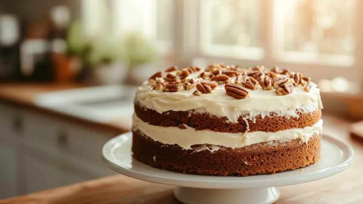 Gâteau aux carottes avec glaçage au fromage à la crème et noix de pécan sur un socle, dans une cuisine lumineuse avec des fenêtres en arrière-plan.