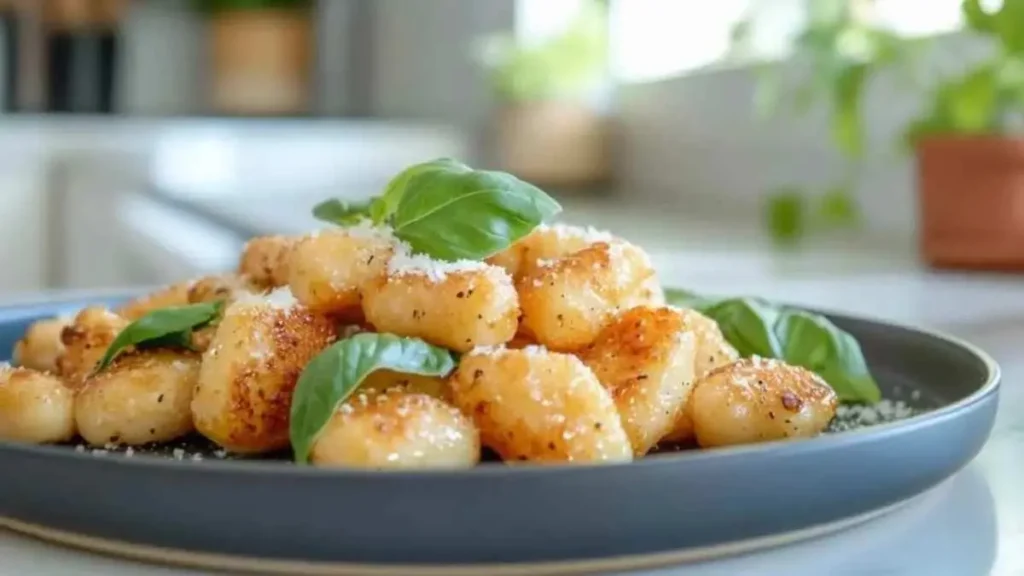 Gnocchis poêlés dorés, garnis de basilic frais et de fromage râpé, servis dans une assiette noire, avec un arrière-plan de cuisine moderne et lumineuse.