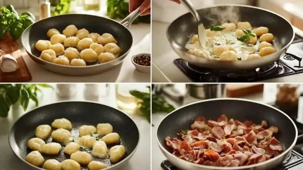 Quatre étapes montrant la préparation des gnocchis à poêler avec sauce Boursin, y compris la cuisson des gnocchis, la préparation de la sauce, et la cuisson des lardons.