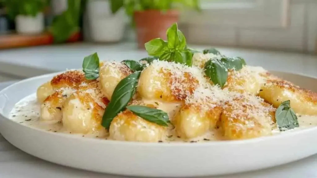 Gnocchis poêlés dorés avec sauce crémeuse, garnis de basilic frais et de parmesan râpé, dans une cuisine moderne lumineuse.