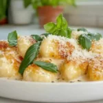 Gnocchis poêlés dorés avec sauce crémeuse, garnis de basilic frais et de parmesan râpé, dans une cuisine moderne lumineuse.