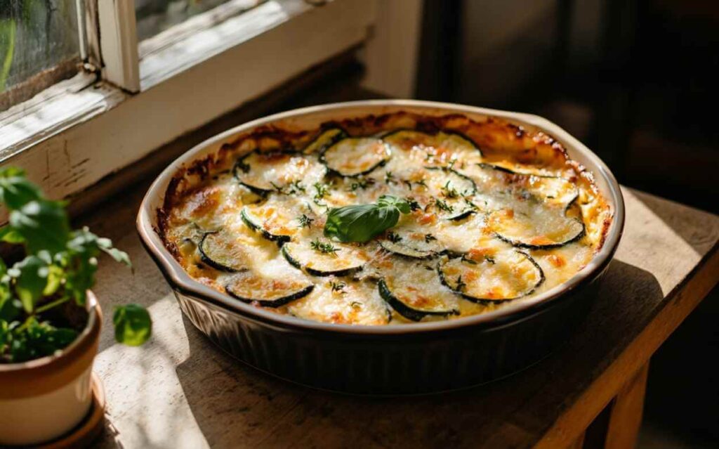Gratin de courgettes gratiné avec des tranches de courgettes et du fromage fondu, décoré d'une feuille de basilic frais, présenté dans un plat à gratin posé sur une table en bois près d'une fenêtre ensoleillée.