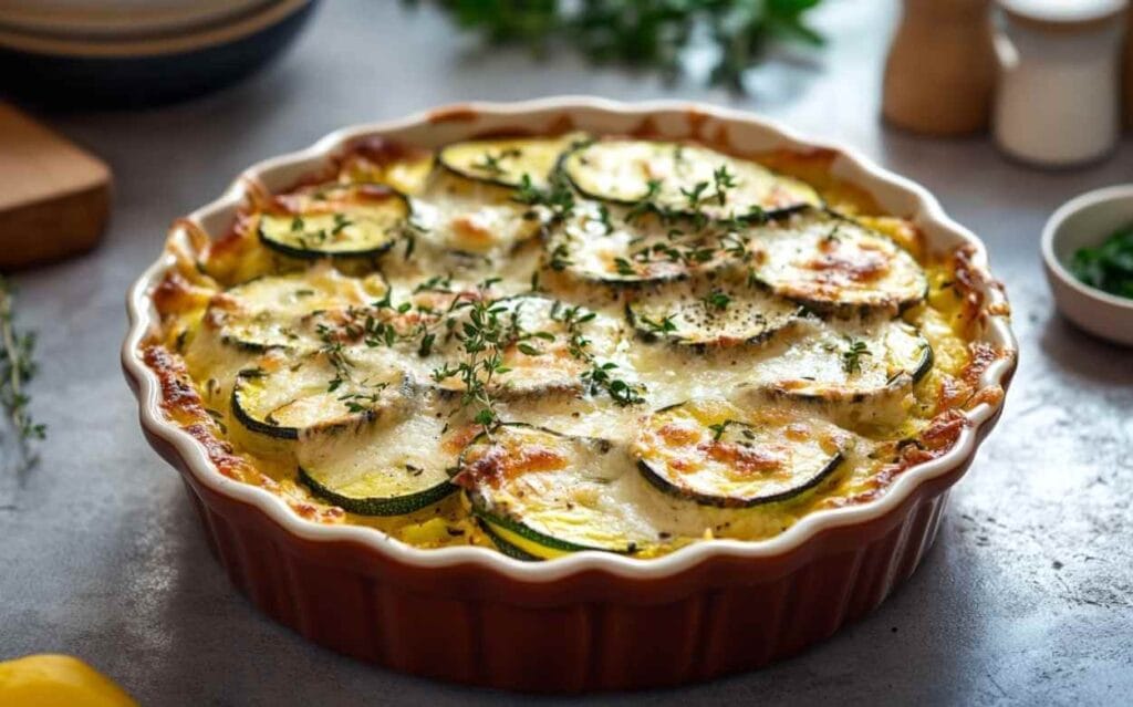 Gratin de courgettes doré et gratiné dans un plat en céramique rouge, garni de tranches de courgettes et de thym frais, posé sur un plan de travail en pierre.