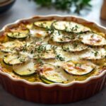 Gratin de courgettes doré et gratiné dans un plat en céramique rouge, garni de tranches de courgettes et de thym frais, posé sur un plan de travail en pierre.