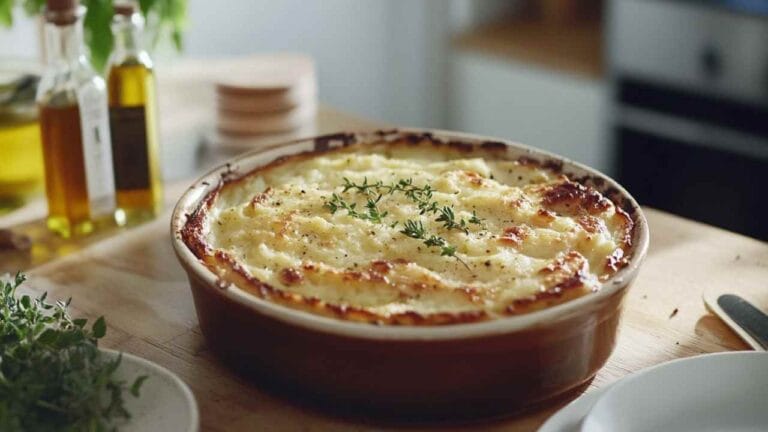 Plat de Hachis Parmentier avec une croûte dorée, garni de thym frais, présenté dans une cuisine moderne et lumineuse