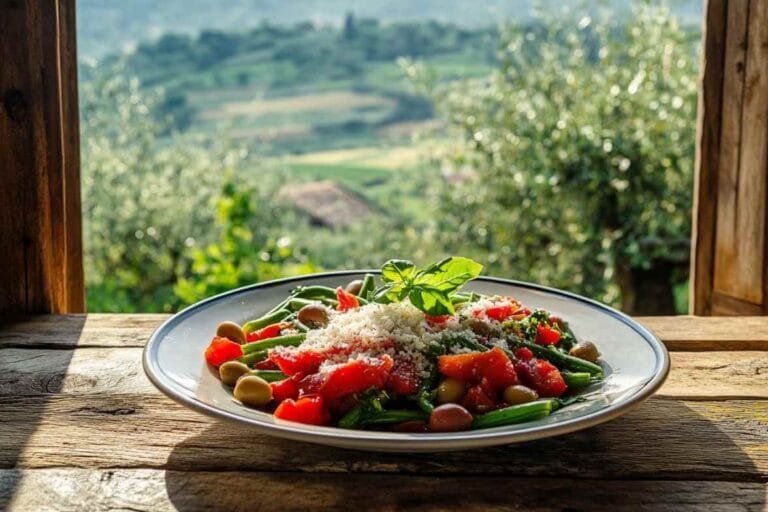 Haricots verts à l’Italienne servis sur une table en bois avec vue sur les collines et les oliviers, parsemés de tomates, d’olives et de basilic frais, le tout saupoudré de parmesan râpé