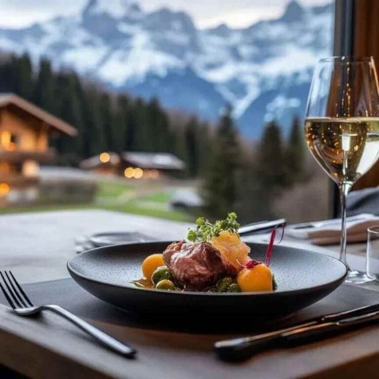 Plat gastronomique avec de la viande accompagnée de légumes, servi avec un verre de vin blanc, dans un cadre montagneux et chaleureux.