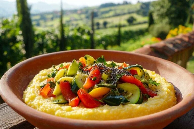 Bol de polenta crémeuse garnie de légumes colorés sautés (tomates, courgettes, poivrons) sur fond de paysage ensoleillé en Italie, avec des collines verdoyantes en arrière-plan