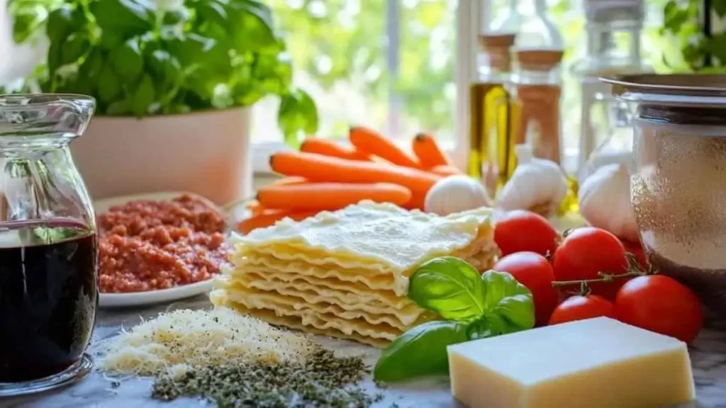 Ingrédients frais pour Lasagnes à la Bolognaise, incluant des feuilles de lasagnes, de la sauce bolognaise, des tomates fraîches, des carottes, de l'ail, des herbes, du fromage râpé, et du vin rouge, sur un plan de travail en marbre avec une lumière naturelle en arrière-plan.