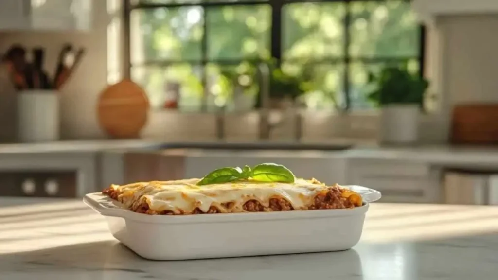 Plat de lasagnes à la Bolognaise dans une cuisine moderne, avec du fromage fondu et une feuille de basilic frais en décoration, baigné de lumière naturelle.