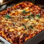 Plat de lasagnes à la Bolognaise bien dorées, avec une couche généreuse de fromage fondant et garnies de feuilles de thym frais, sur un fond de cuisine rustique.