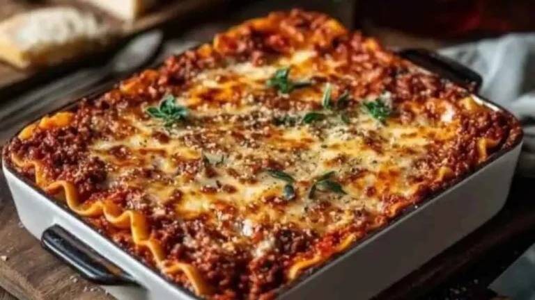 Plat de lasagnes à la Bolognaise bien dorées, avec une couche généreuse de fromage fondant et garnies de feuilles de thym frais, sur un fond de cuisine rustique.