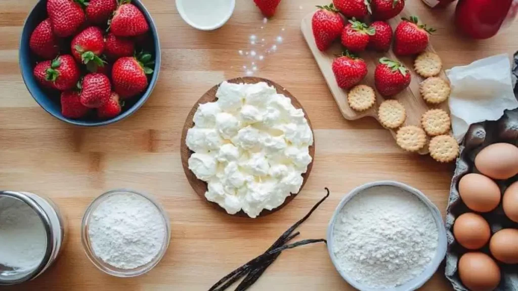 Ingrédients pour préparer un fraisier : fraises fraîches, crème chantilly, farine, œufs, gousses de vanille, biscuits cuillère et sucre, sur un plan de travail en bois