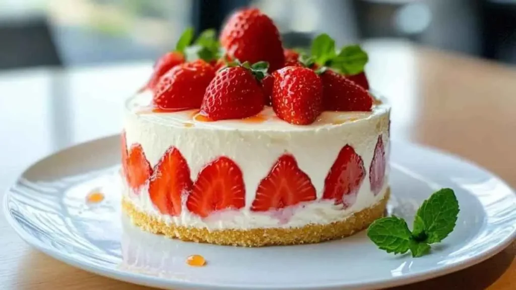 Fraisier décoré de fraises fraîches, crème chantilly et garniture de menthe, servi sur une assiette blanche.