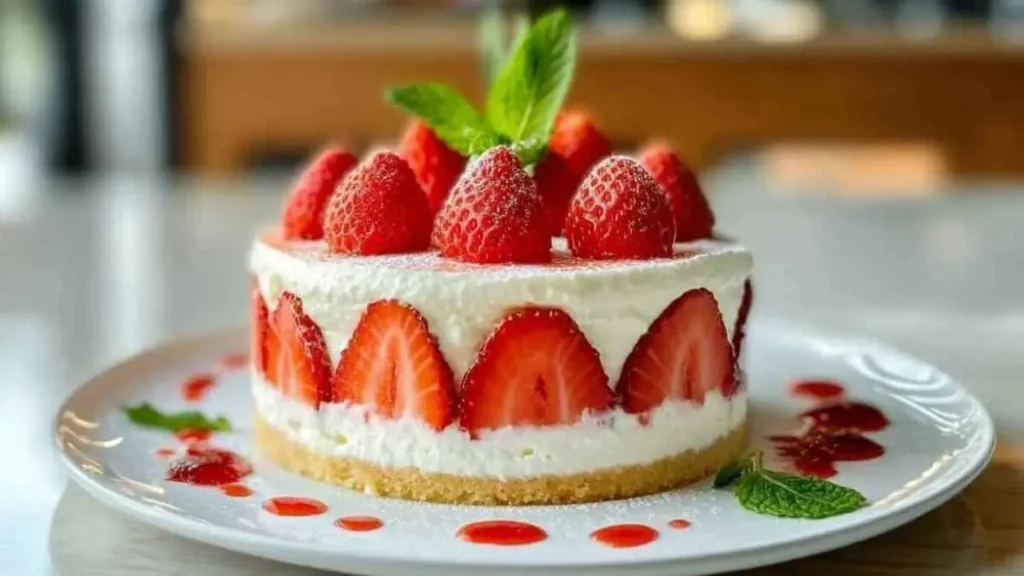 Le Fraisier avec des fraises fraîches, crème chantilly et garniture de menthe, servi sur une assiette blanche.