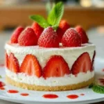 Le Fraisier avec des fraises fraîches, crème chantilly et garniture de menthe, servi sur une assiette blanche.