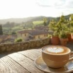 Une tasse de macchiato avec une belle mousse de lait, posée sur une table en bois, avec une vue sur la campagne italienne et des bâtiments pittoresques en arrière-plan.