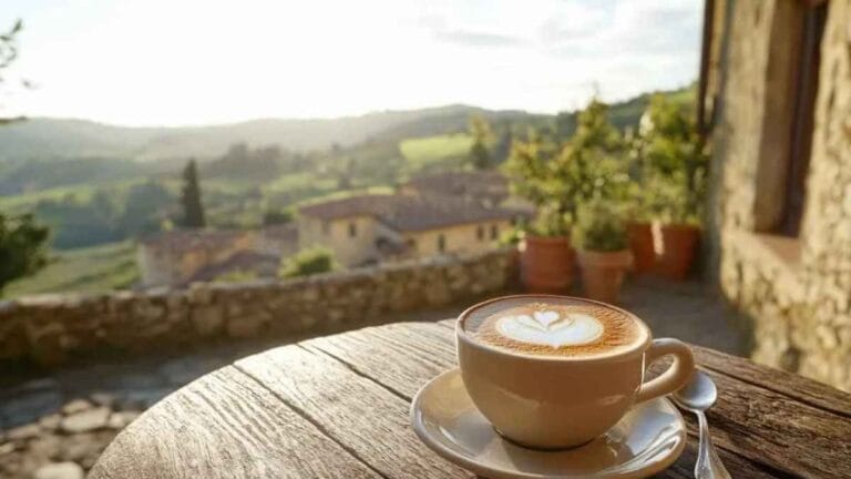 Une tasse de macchiato avec une belle mousse de lait, posée sur une table en bois, avec une vue sur la campagne italienne et des bâtiments pittoresques en arrière-plan.