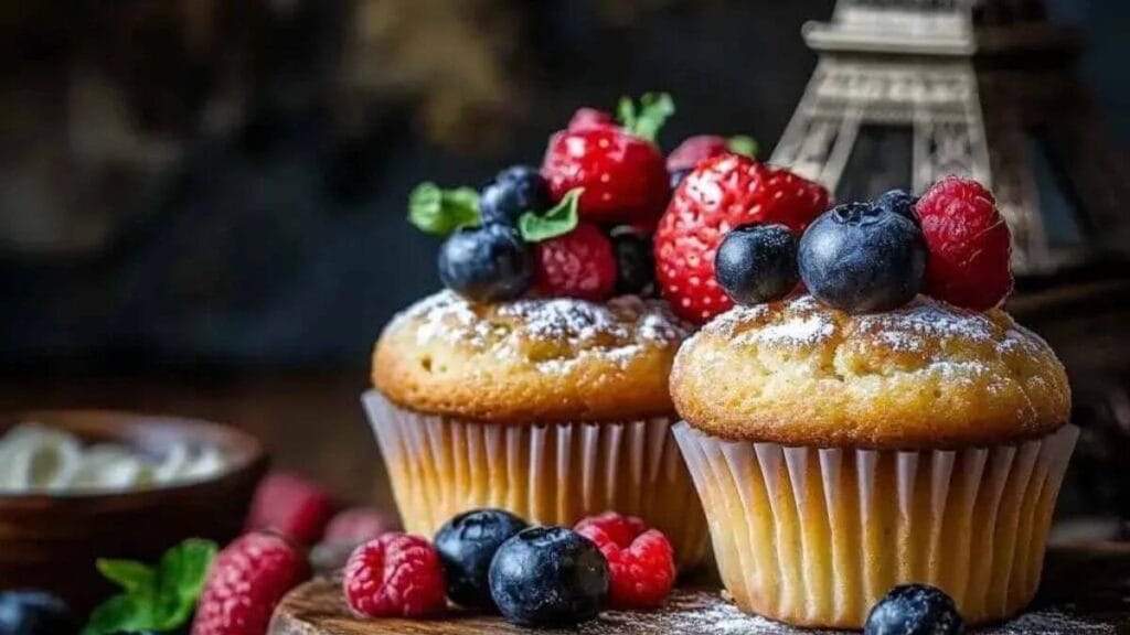 Deux muffins décorés de fruits rouges (fraises, myrtilles, framboises) et de feuilles de menthe, accompagnés de sucre glace, avec une mini Tour Eiffel en arrière-plan.