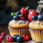 Deux muffins décorés de fruits rouges (fraises, myrtilles, framboises) et de feuilles de menthe, accompagnés de sucre glace, avec une mini Tour Eiffel en arrière-plan.