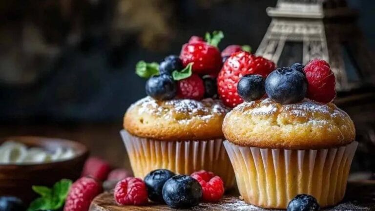 Deux muffins décorés de fruits rouges (fraises, myrtilles, framboises) et de feuilles de menthe, accompagnés de sucre glace, avec une mini Tour Eiffel en arrière-plan.