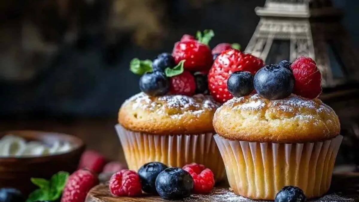 Deux muffins décorés de fruits rouges (fraises, myrtilles, framboises) et de feuilles de menthe, accompagnés de sucre glace, avec une mini Tour Eiffel en arrière-plan.