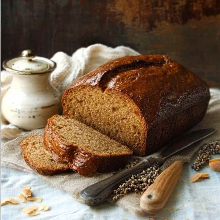 Pain d'épices maison tranché avec des épices entières et un couteau en métal, posé sur un tissu beige