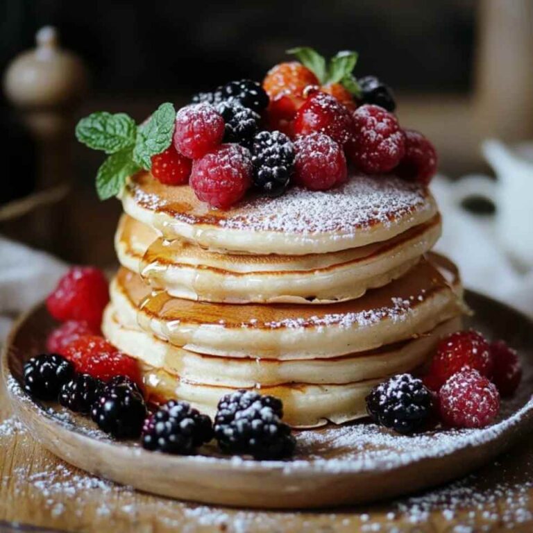 Pancakes moelleux empilés avec des fruits rouges frais, de la menthe et du sucre glace sur le dessus.