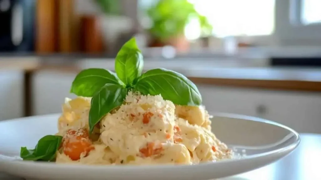 Pâtes au Boursin crémeuses servies avec une garniture de basilic frais dans une cuisine moderne ensoleillée.