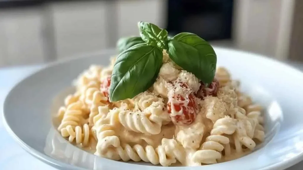 Pâtes au Boursin crémeuses avec tomates cerises fraîches, garnies de basilic et de fromage râpé, dans une cuisine moderne et lumineuse.