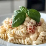 Pâtes au Boursin crémeuses avec tomates cerises fraîches, garnies de basilic et de fromage râpé, dans une cuisine moderne et lumineuse.
